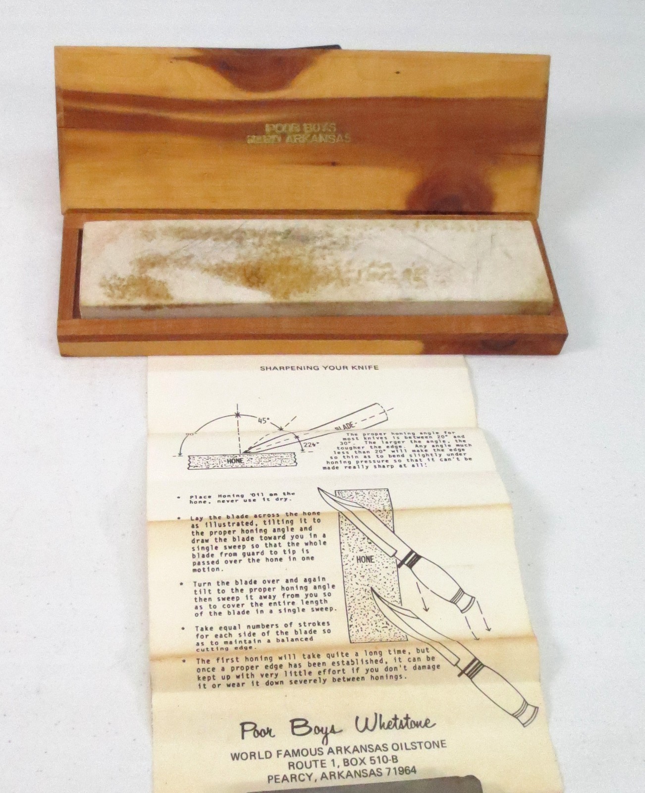 Vintage Poor Boys Whetstone Arkansas Oilstone 8 inch Sharpening Stone w Cedar Bo