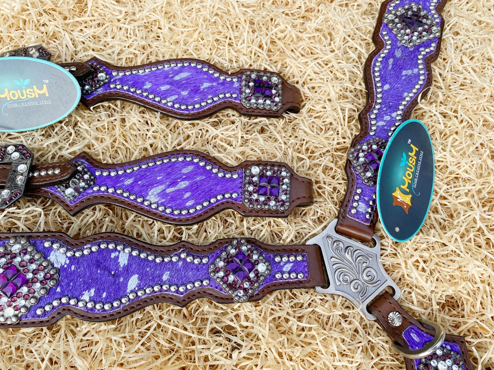 MOUSM Western Leather Headstall and Breast Collar Tack Set for Horses - Purple