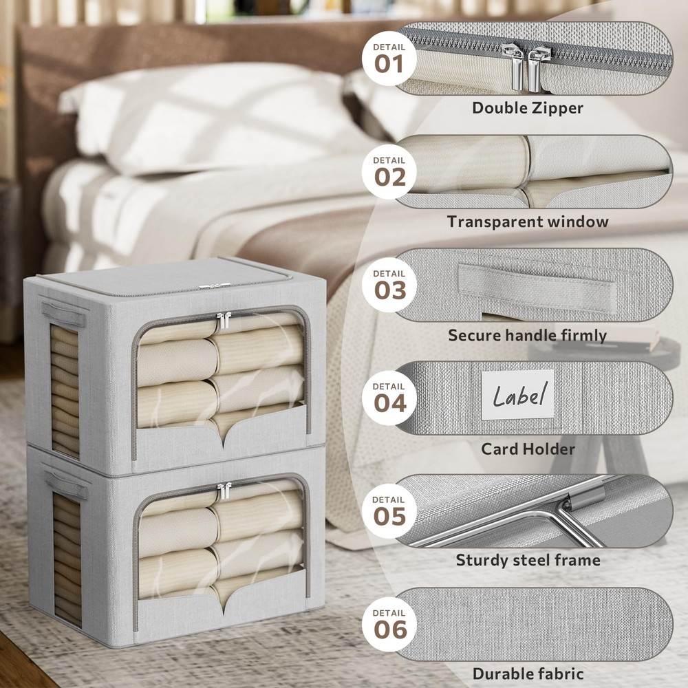 3 Pack Clothes Storage Bins Foldable Metal Frame Storage Box Stackable Linen ...