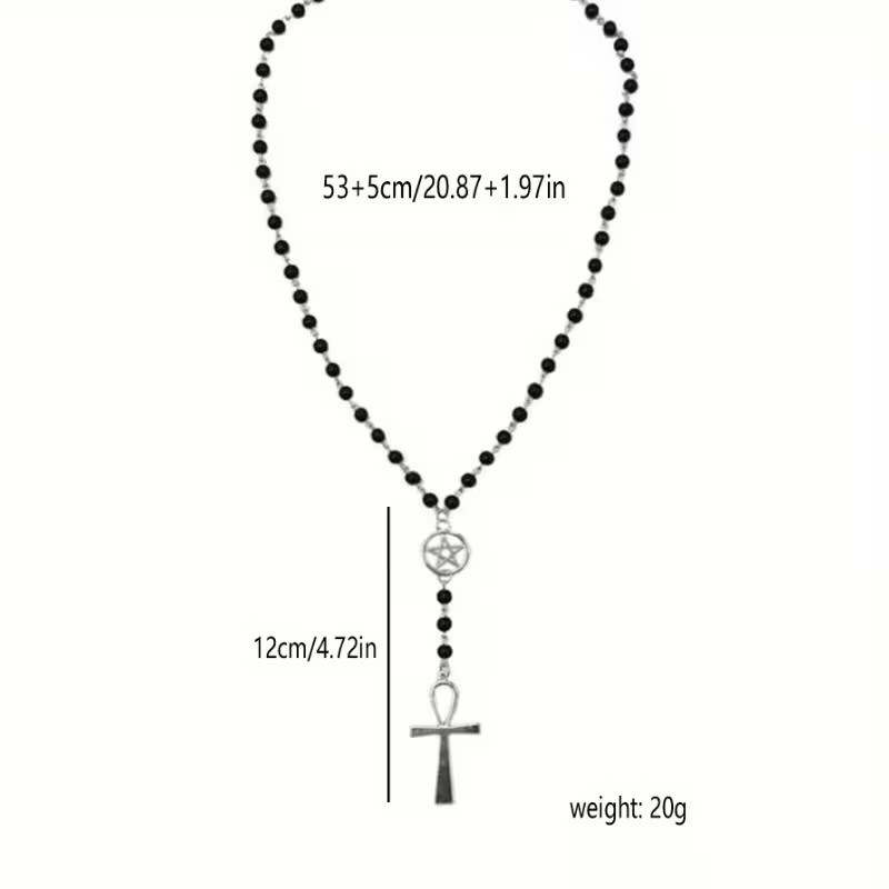 Gothic Rosary Pagan Prayer Beads Ankh & Pentagram Adjustable Necklace