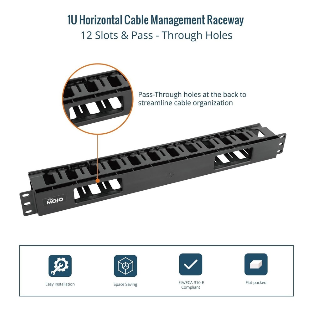 Tecmojo 2 Pack 1U Server Rack Horizontal Cable Management with Cover,2.6“