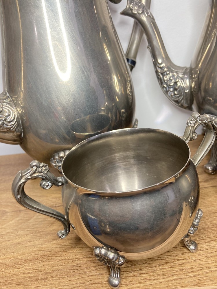 Tea & Coffee Set 4pc Ornate Embossed Flower Design Silver Plated