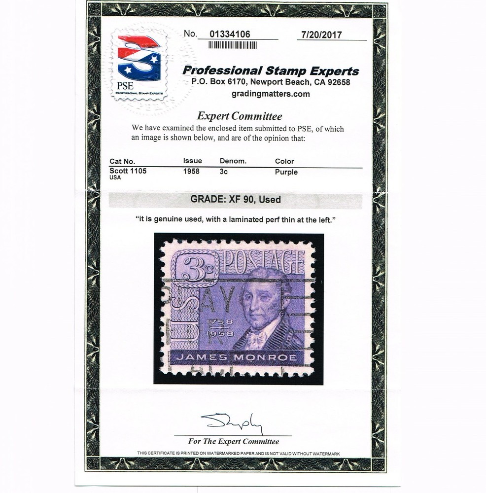 GENUINE SCOTT #1105 USED PSE CERT GRADED XF-90 - JAMES MONROE