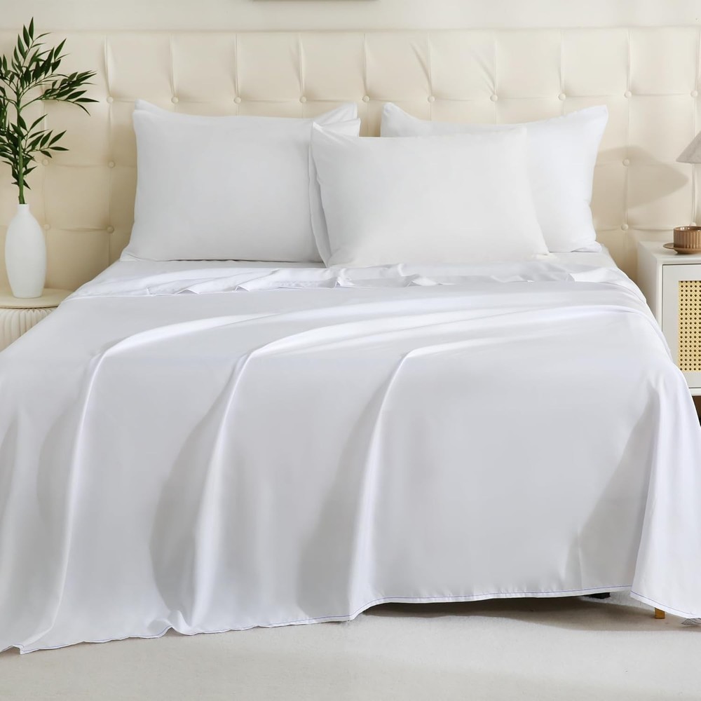 Queen Flat Sheet Only 4 Pack Durable White Top Bed Sheets Hypoallergenic Soft...