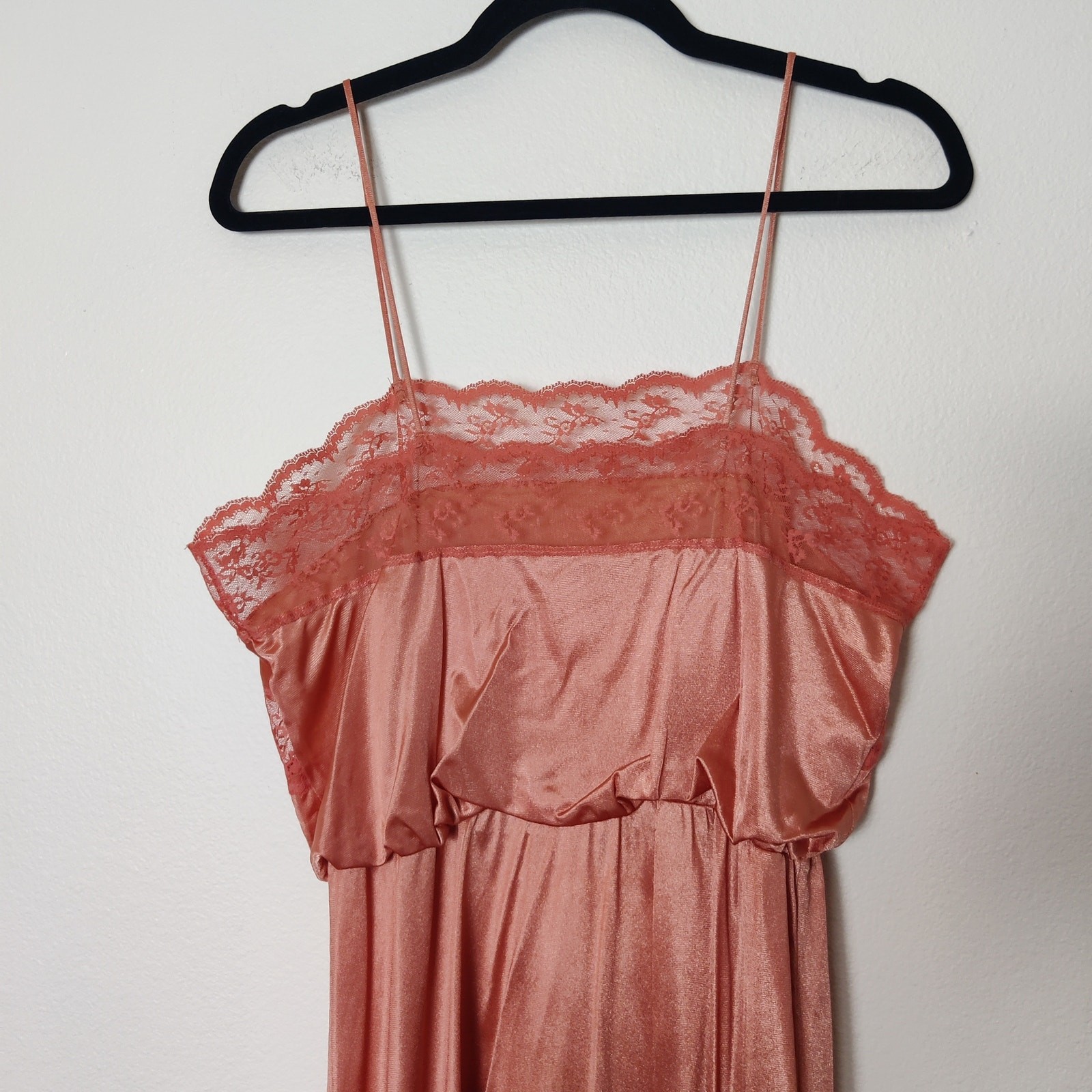 Vtg Union Made Lace Nylon Maxi Slip Dress Large Peachy Pink Fairy Coquette Girl