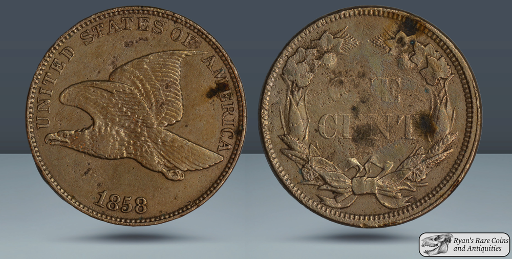 1858 Flying Eagle Cent, Small Letters, Almost Uncirculated Details, Pitted C6190