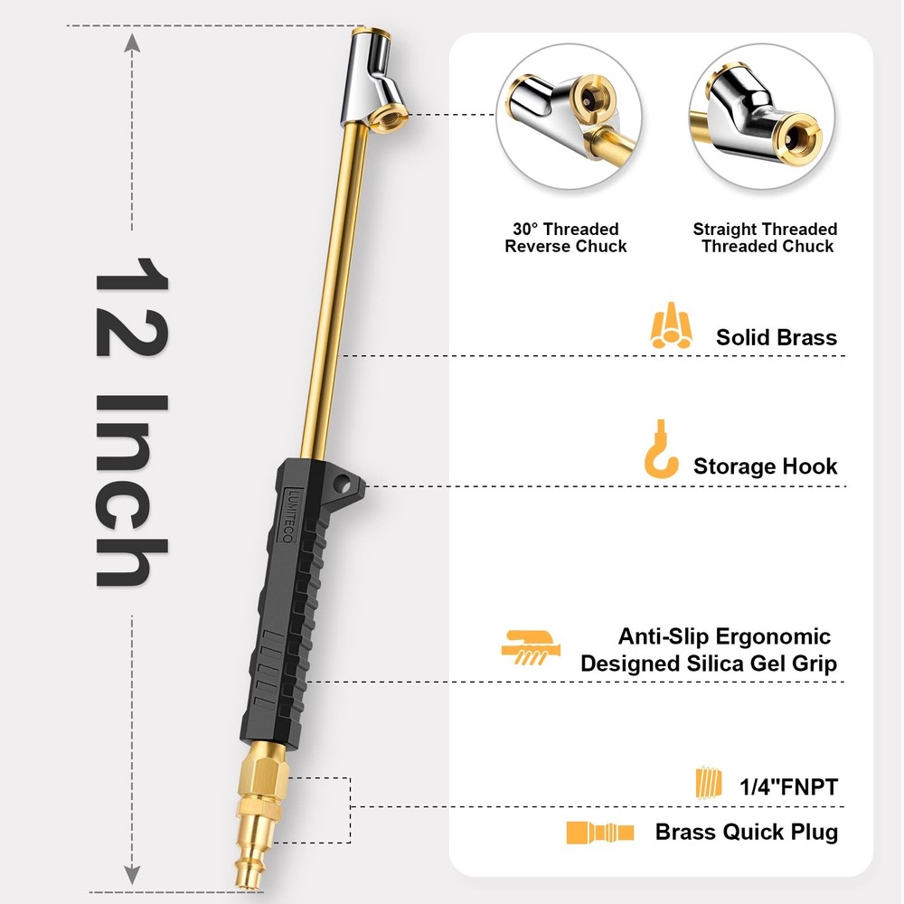 2 Pack 12" Extended Reach Dual Head Air Chuck, 2-Way Connection Solid Brass