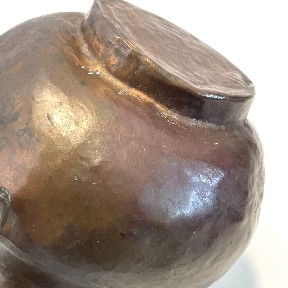 Antique Hammered Copper Pitcher Scrolled Riveted Handle Primitive Jug Dents 6"