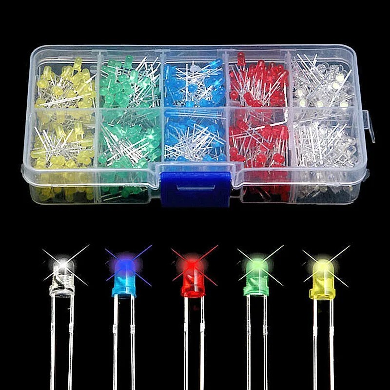 200Pcs 5mm 3mm LED Light Kit Yellow White Blue Red Green Assortment with Case