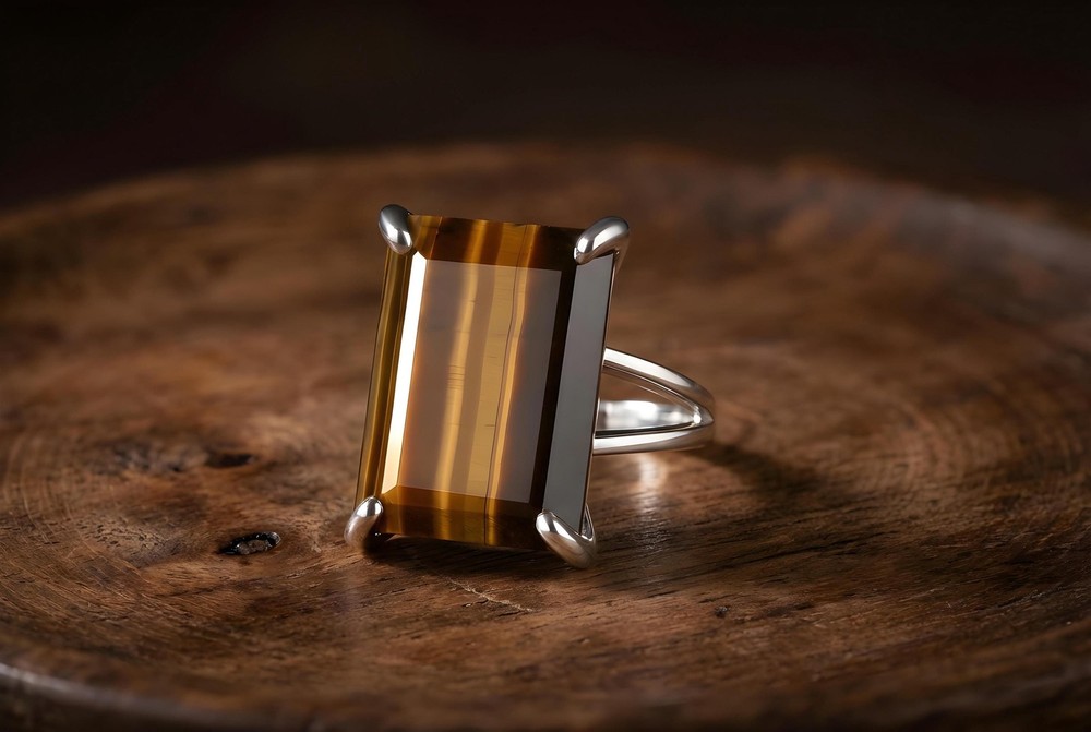 Sterling Silver Tiger Eye Ring Handmade Rectangle Gemstone Lightweight Fit