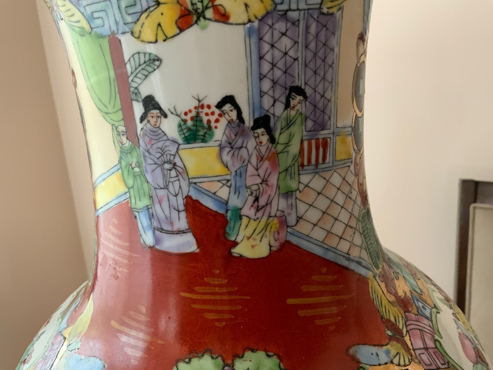 Large 24" Vintage Chinese Polychrome floor vase scenes flowers people