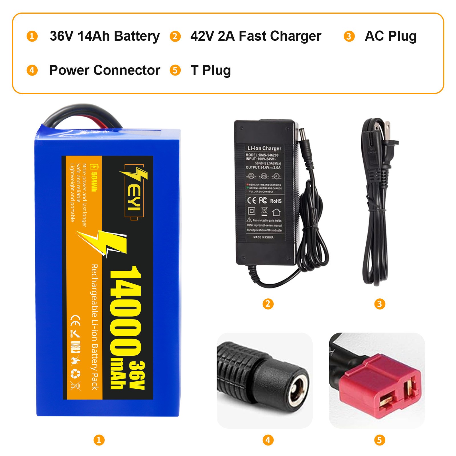 36V 14Ah Rechargaeble Lithium Battery Pack, for 0-1000W Motor