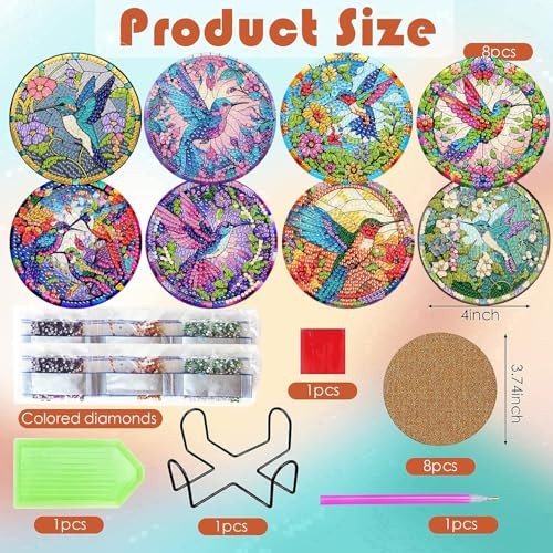 ijbnhd 8 Pieces Hummingbird Diamond Painting Coasters 4X4X0.1,
