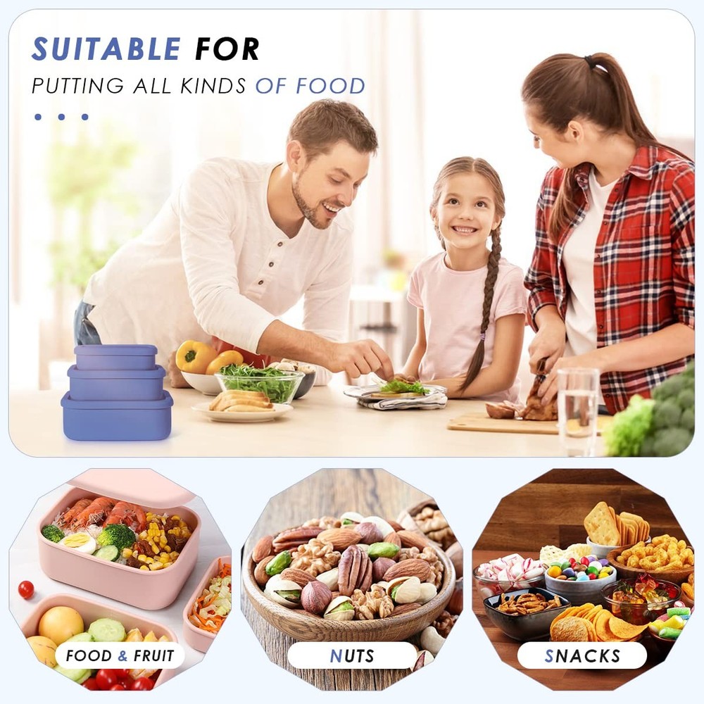 Silicone Food Storage Containers, Set of 3 Rectangular Bento Lunch Containers...