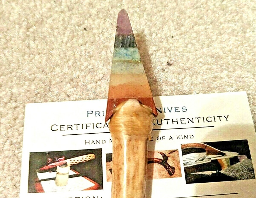 Rainbow Geode Arrowhead Multi Colored Primitive Antler Tine Handle Knife