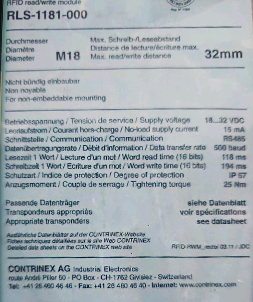 CONTRINEX RLS-1181-000, RFID READ/WRITE MODULE, USED, AS-IS