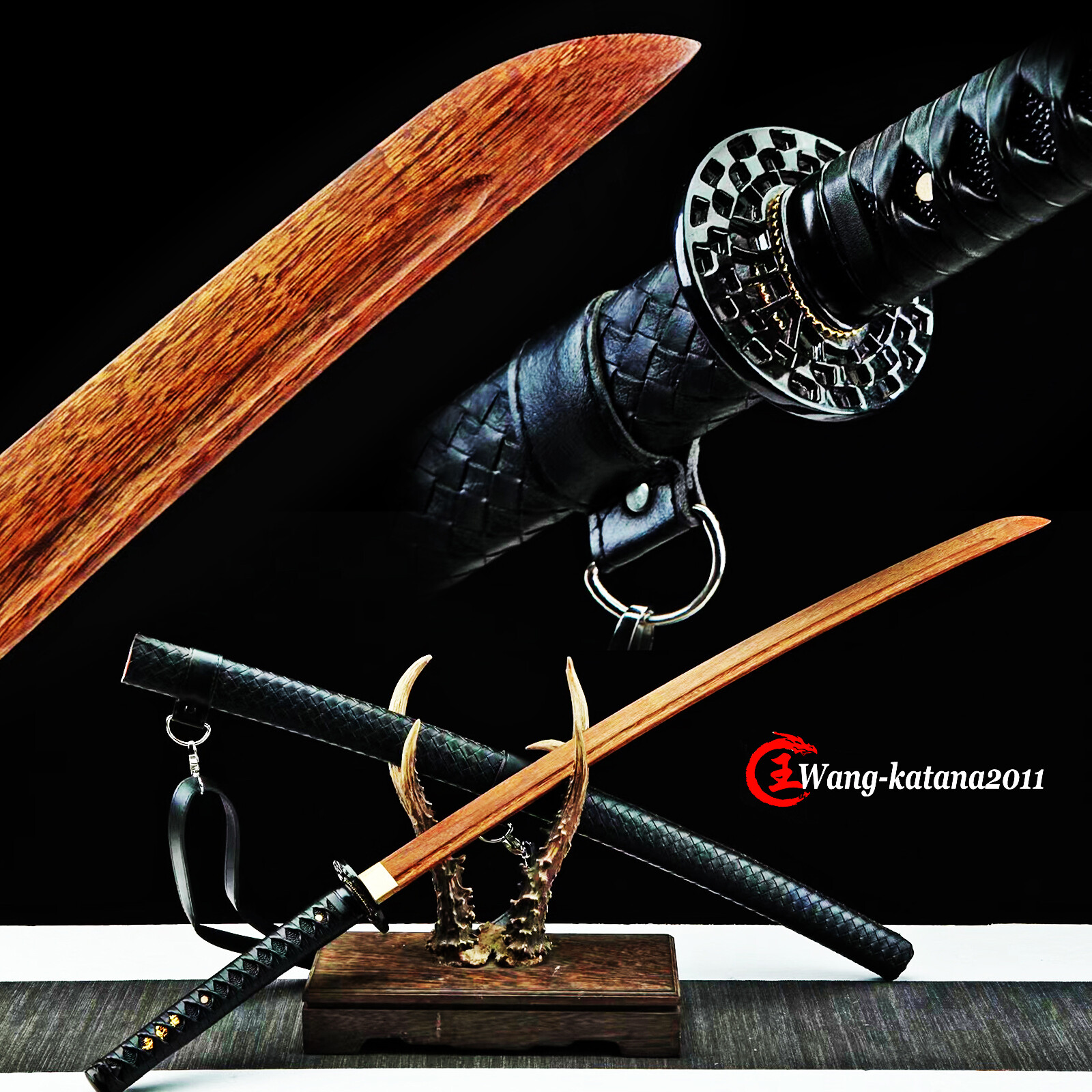 Kendo Bokken Wooden Katana Sword Iaido Outdoor Battle Practice Training Leather