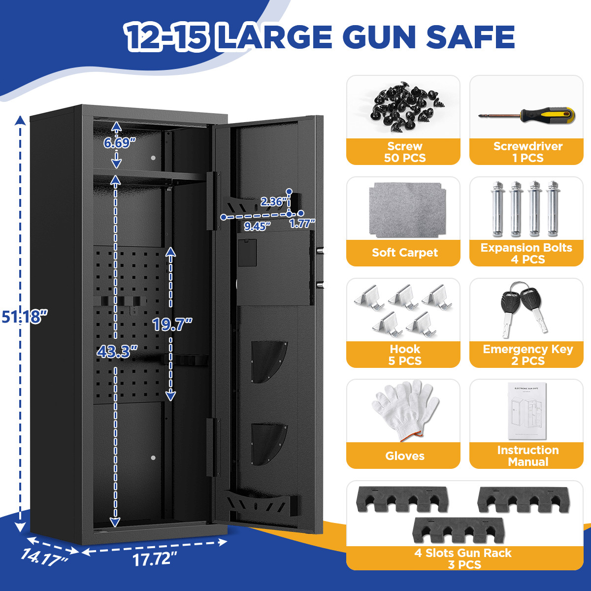 BESAFETY 12-15 Rifle Gun Cabinet for Home Steel Security Gun Safe with Alarm