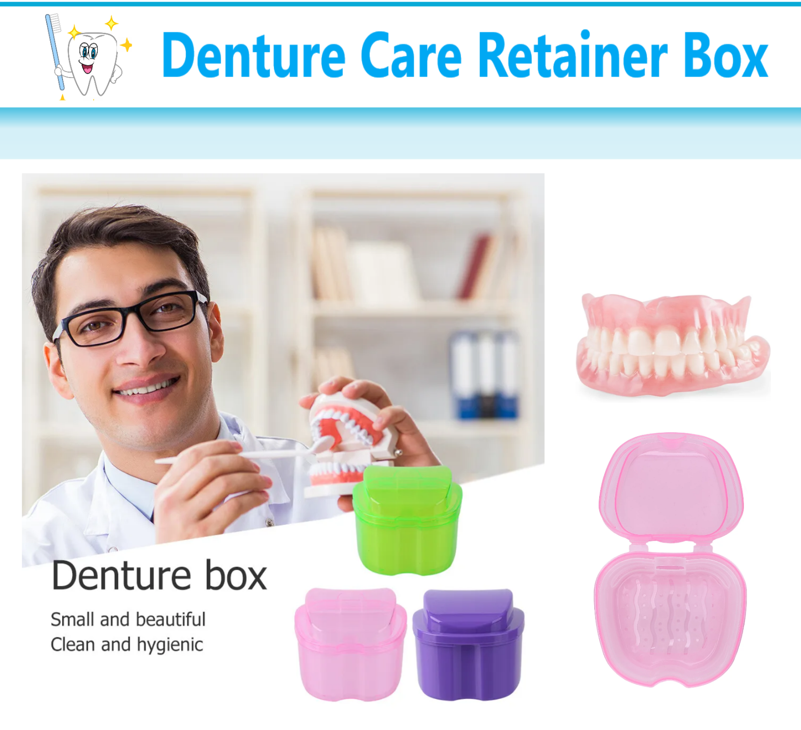Denture Case, Denture Cup with Strainer Safety Basket, Denture Cleaning Brush.