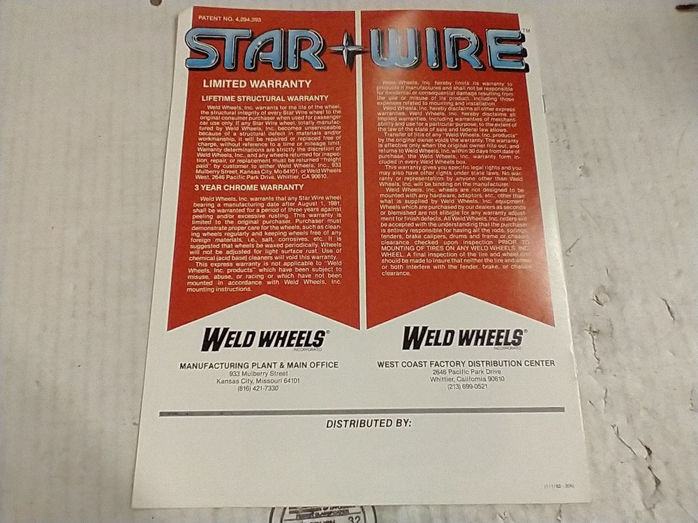 1982 STARWIRE WHEEL ADVERTISEMENT BY WELD WHEELS
