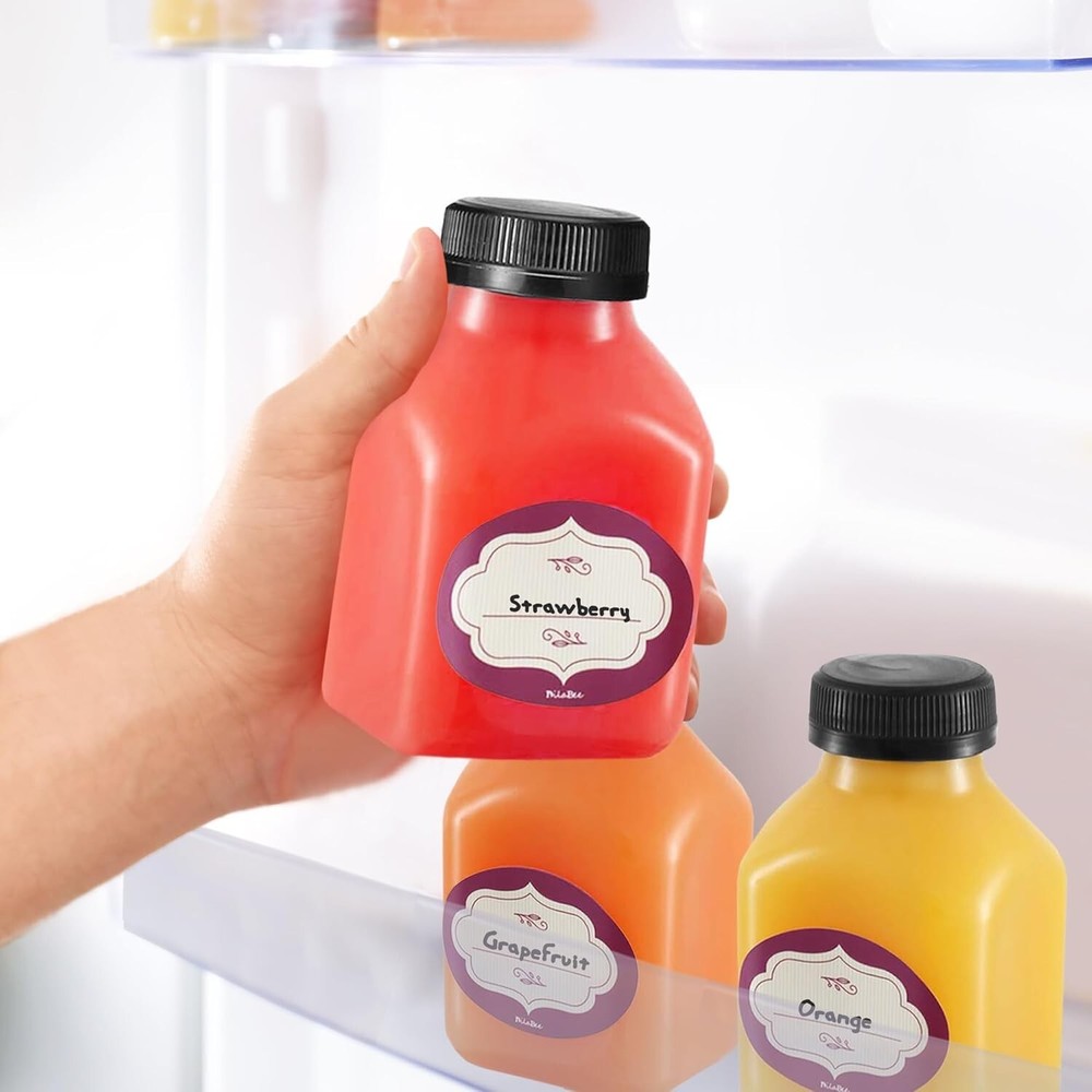 8 oz Empty Plastic Juice Bottles with Lids, 12 Pack, Clear/Black