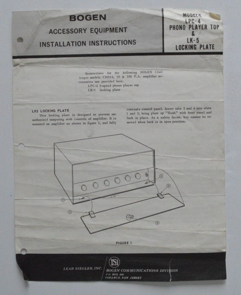 BOGEN Accessory Equipment Installation Instructions LPC-4 1950s