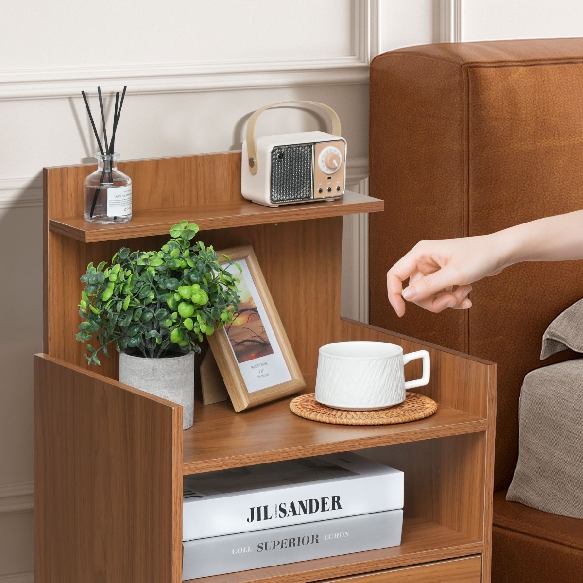 Wood Nightstand 1 Drawer & Open Shelf Bedside Table Retro Living Room Bedroom US