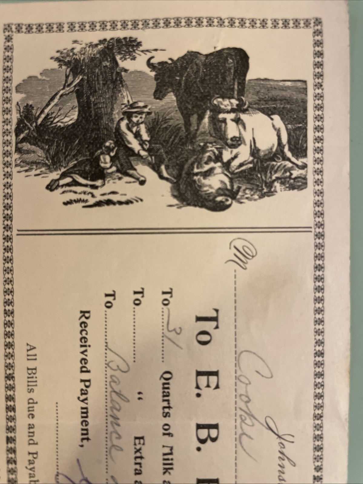 (2) 1902 Johnston Rhode Island Milk Receipts Litho Kids/cow E. B. Burlingame