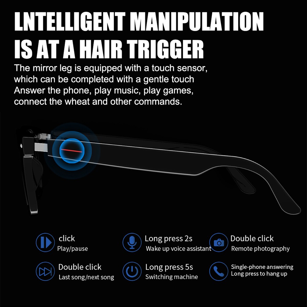 Smart Glasses Polarized Sunglass Audio Mic Speakers Bluetooth Call Remote Camera