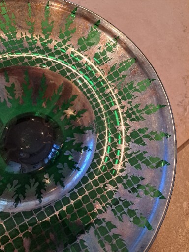 " Console Centerpiece Bowl Flared Green W Silver Design