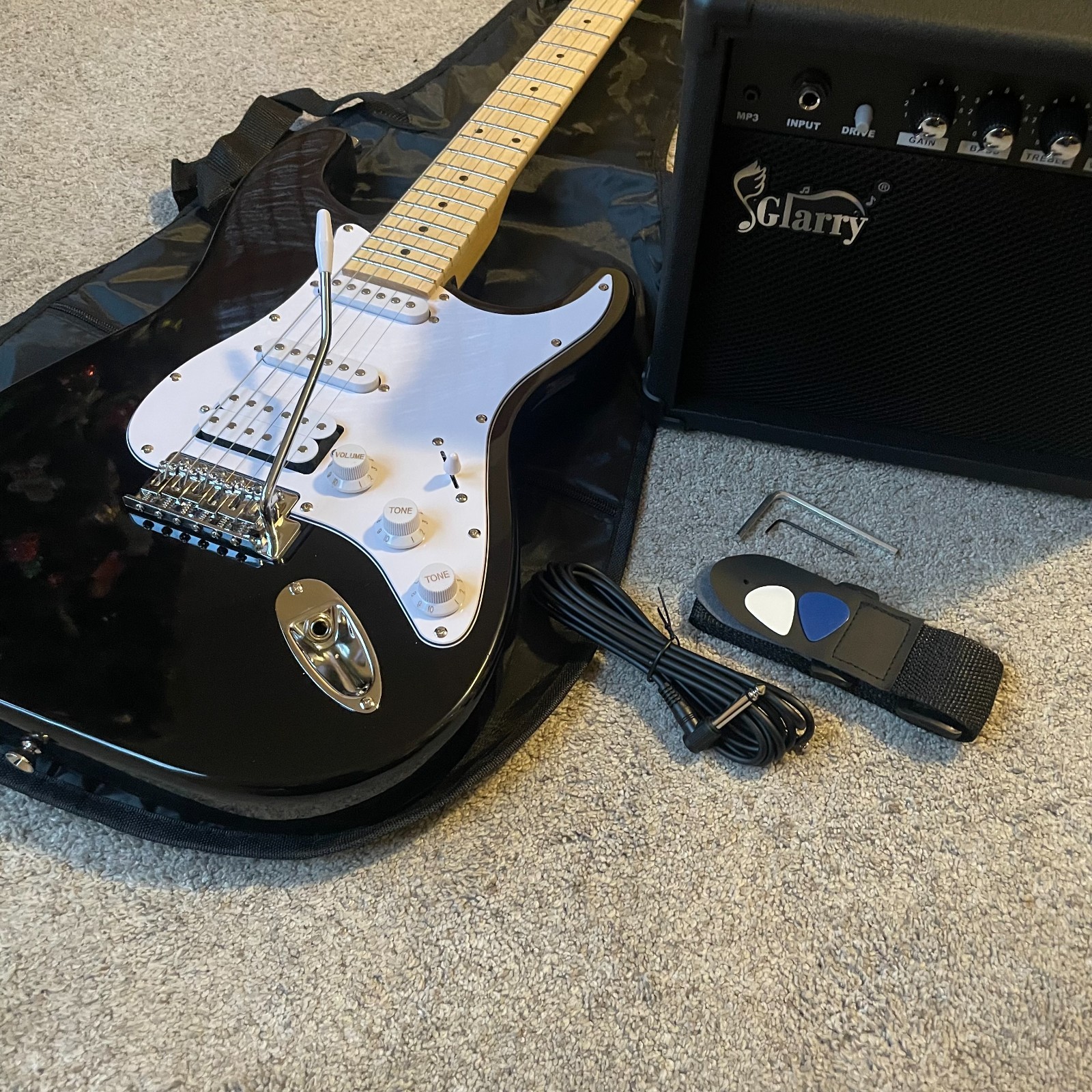 Full-Size Black Electric Guitar Starter Package with 20-Watt Amp, HSS Pickups