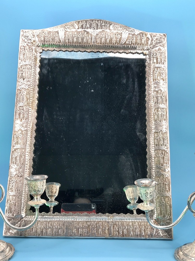 Middle Eastern,carved set Candlestick & Sheet Mirror 84 SOLID Silver 2800 grams