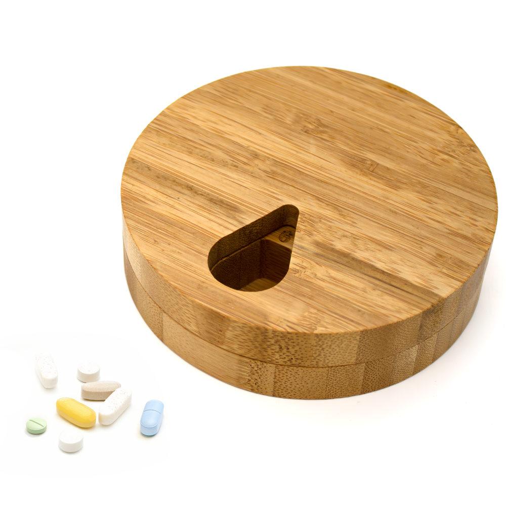 Bamboo Pillbox Organizer for Tablets, Vitamins or Supplements