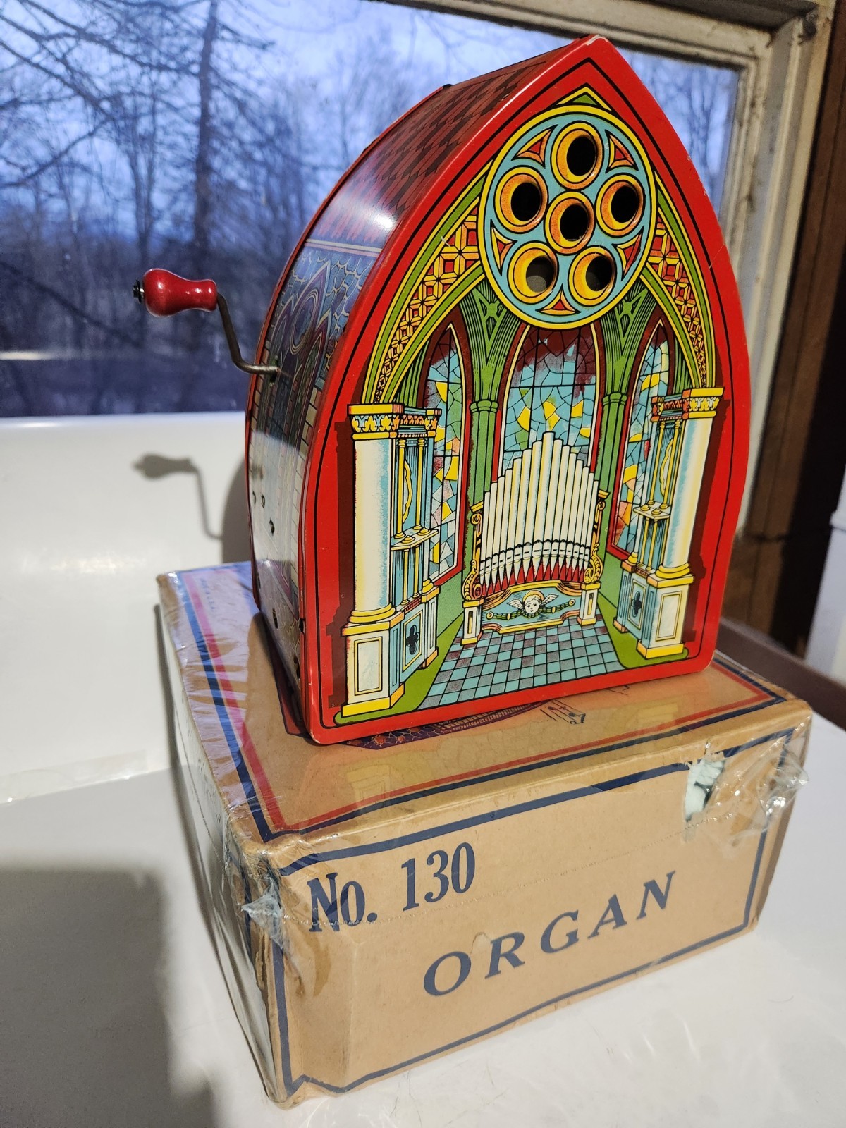 Old Chein Tin Wind Up Musical Cathedral Church Organ With Box