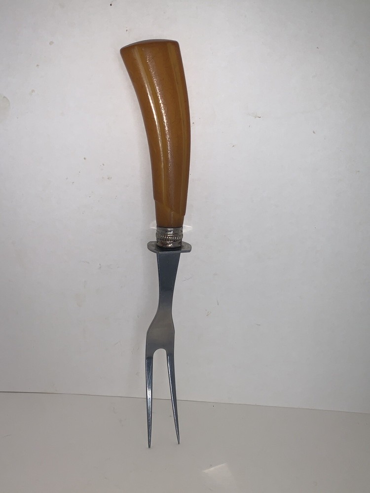 Vintage Meat Serving Fork Bakelite Butterscotch Handle