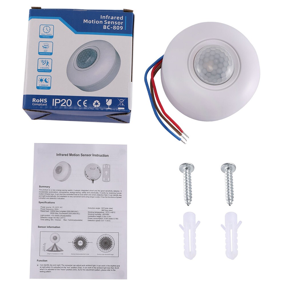 New 360° Infrared PIR Motion Induction Sensor LED Ceiling Light Switch AC85-265V