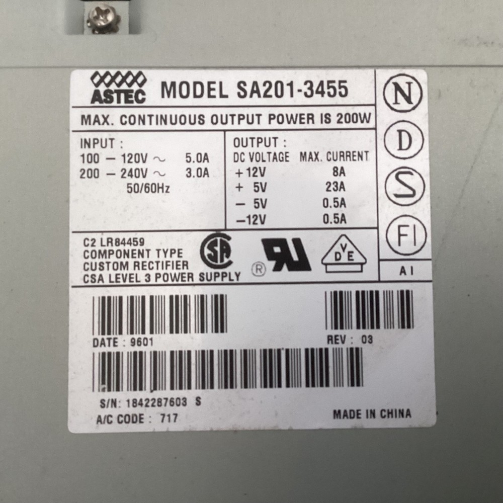ASTEC 5A201-3455 200W Continuous Output Power Supply. Pre-Owned