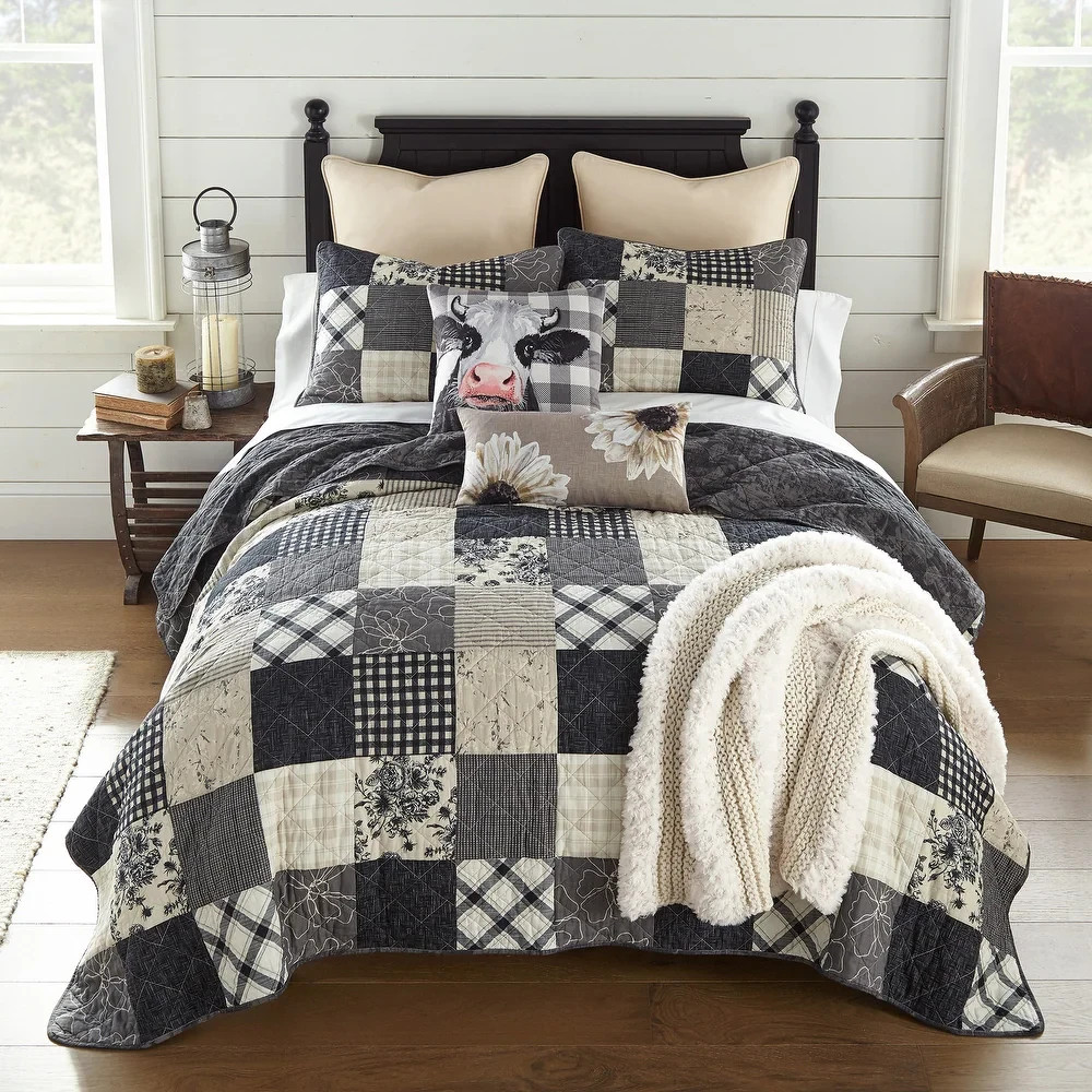 Donna Sharp Augusta Patchwork Soft Black Ivory Cotton Country King 3PC Quilt Set