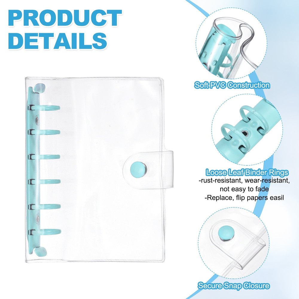 A7 2Pcs Transparent 6-Ring Binder Cover with Snap Button Closure, Blue