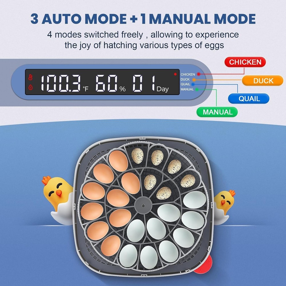 24 Eggs Incubators +Automatic Egg Turning Temperature Control&Humidity Display