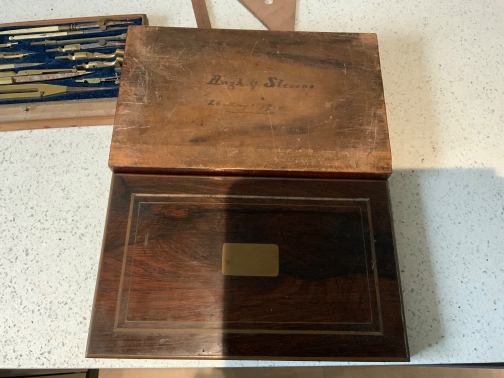 Antique Brass Geometry draftsmanship technical Drawing Instruments Set 1879 key