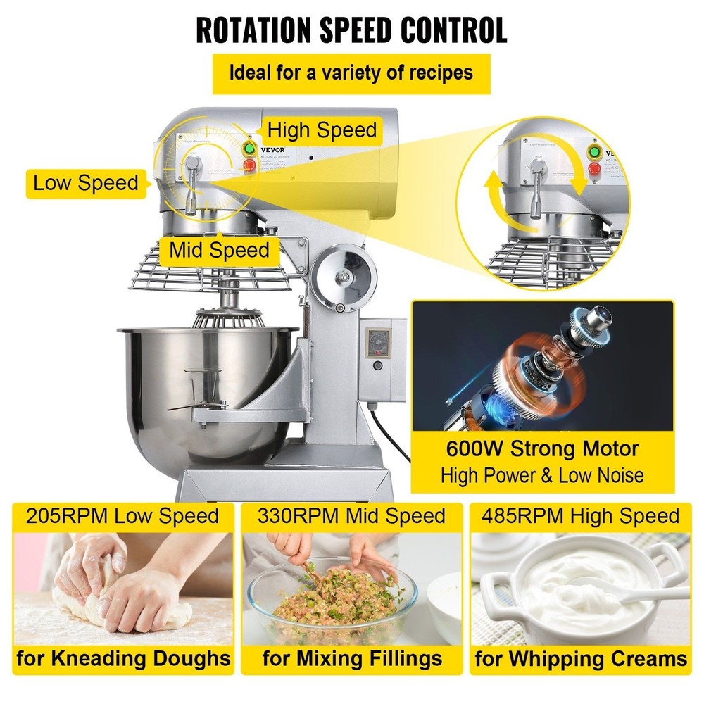 15Qt 600W 3-Speed 110V Multi-Function Food Mixer for Heavy Kitchen Use