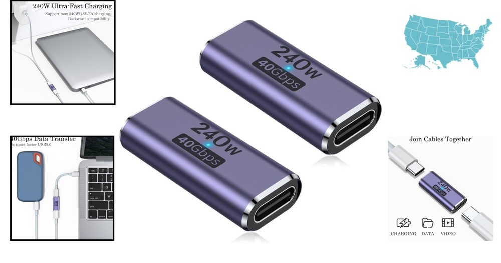 USB-C Coupler - 2 Pack with LED Indicator for Thunderbolt 4/3 Devices