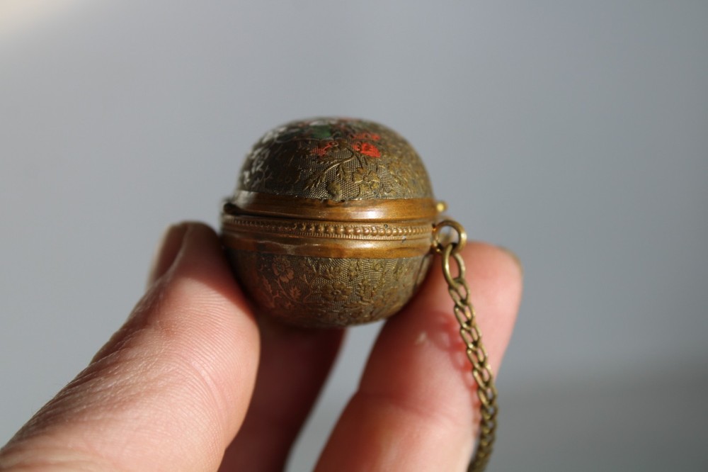 Antique 19th Century Painted Brass Egg Chatelaine Thimble Case w/ (2) Thimbles