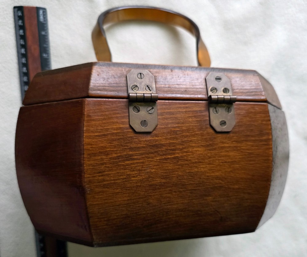 Vintage Octagonal Wood Purse or Small Sewing Box with Bakelite Handle
