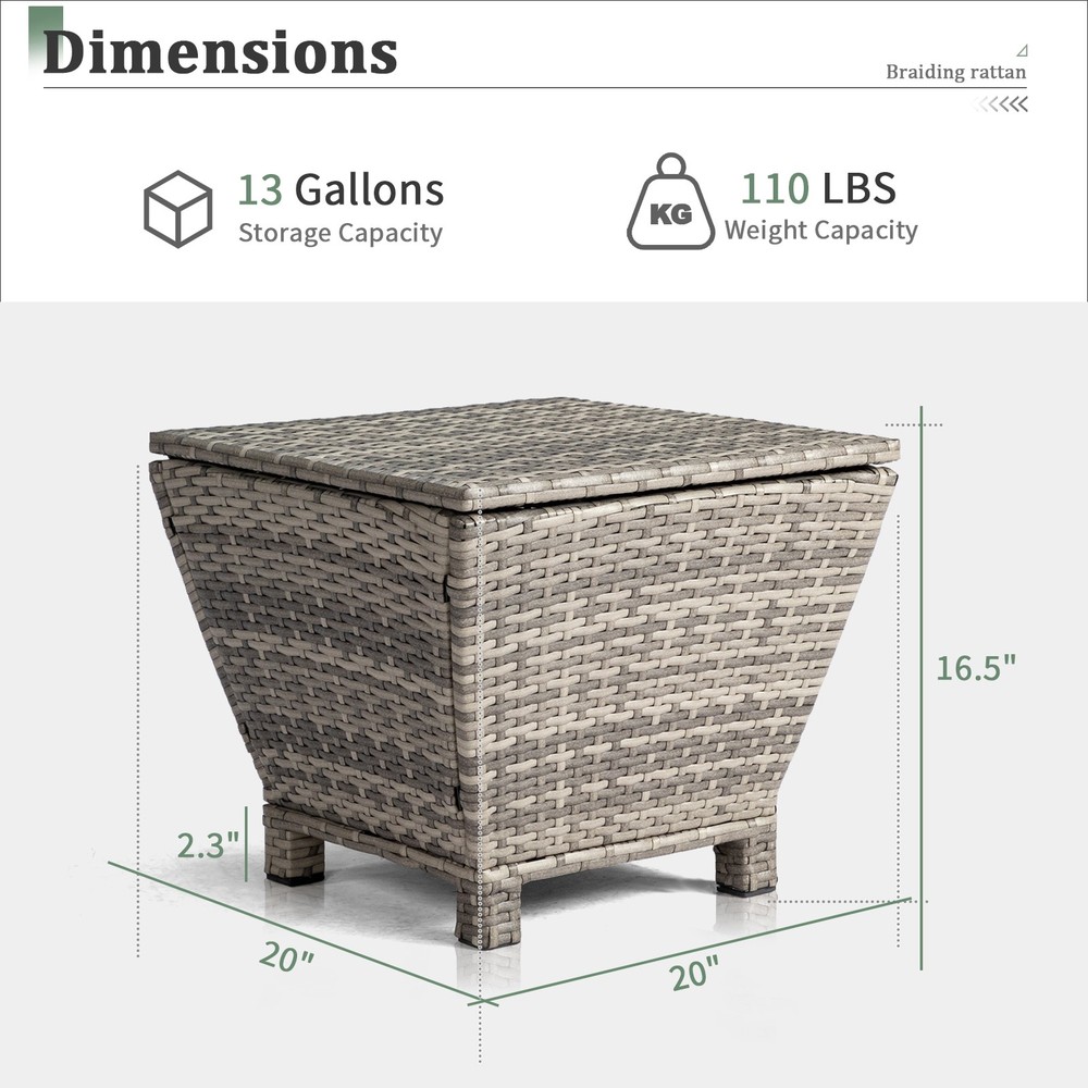 Outdoor PE Wicker Side Table with Storage, Small Patio Storage Bin Container