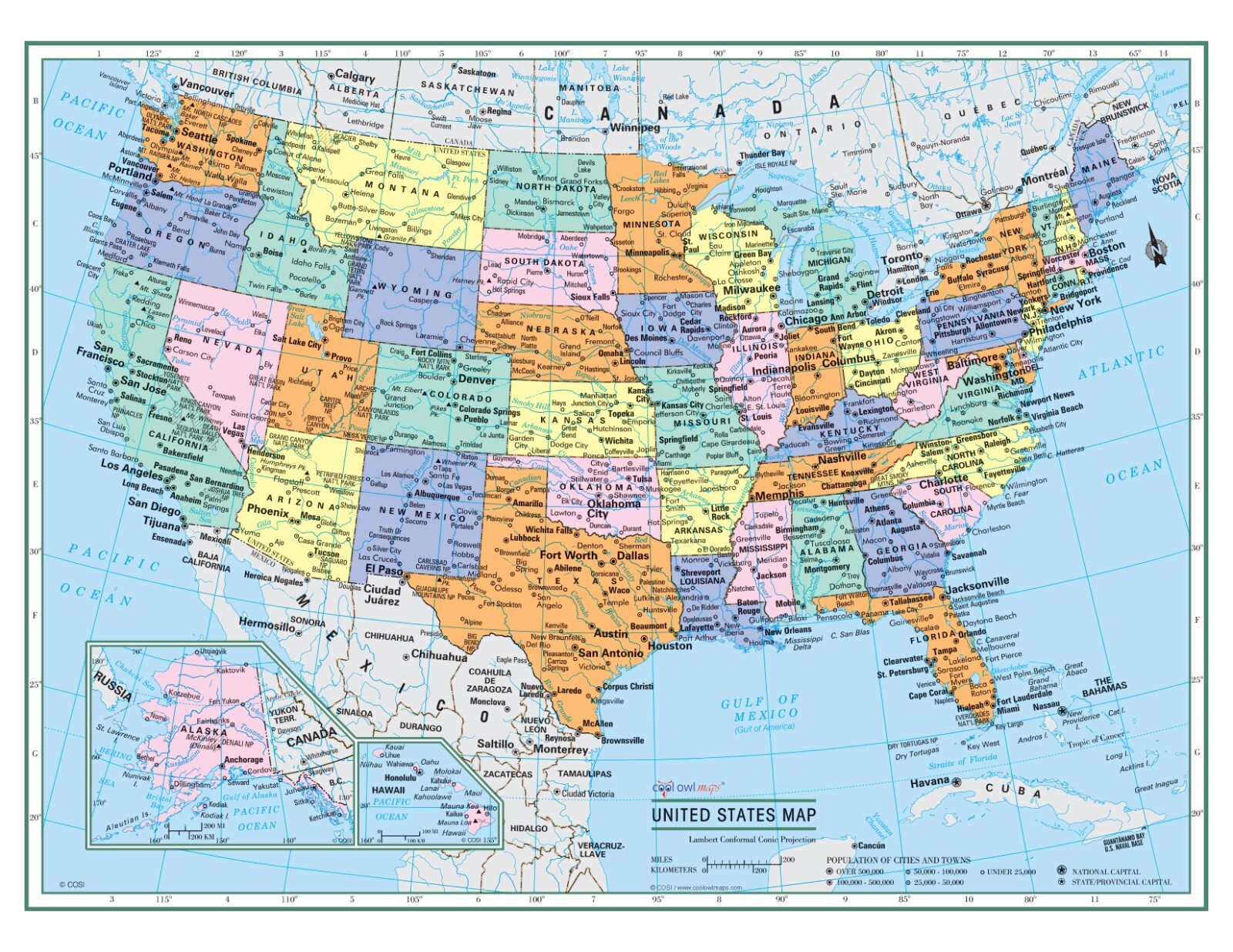 USA United States Wall Map Color Poster 32"x24" - LARGE PRINT Rolled Paper