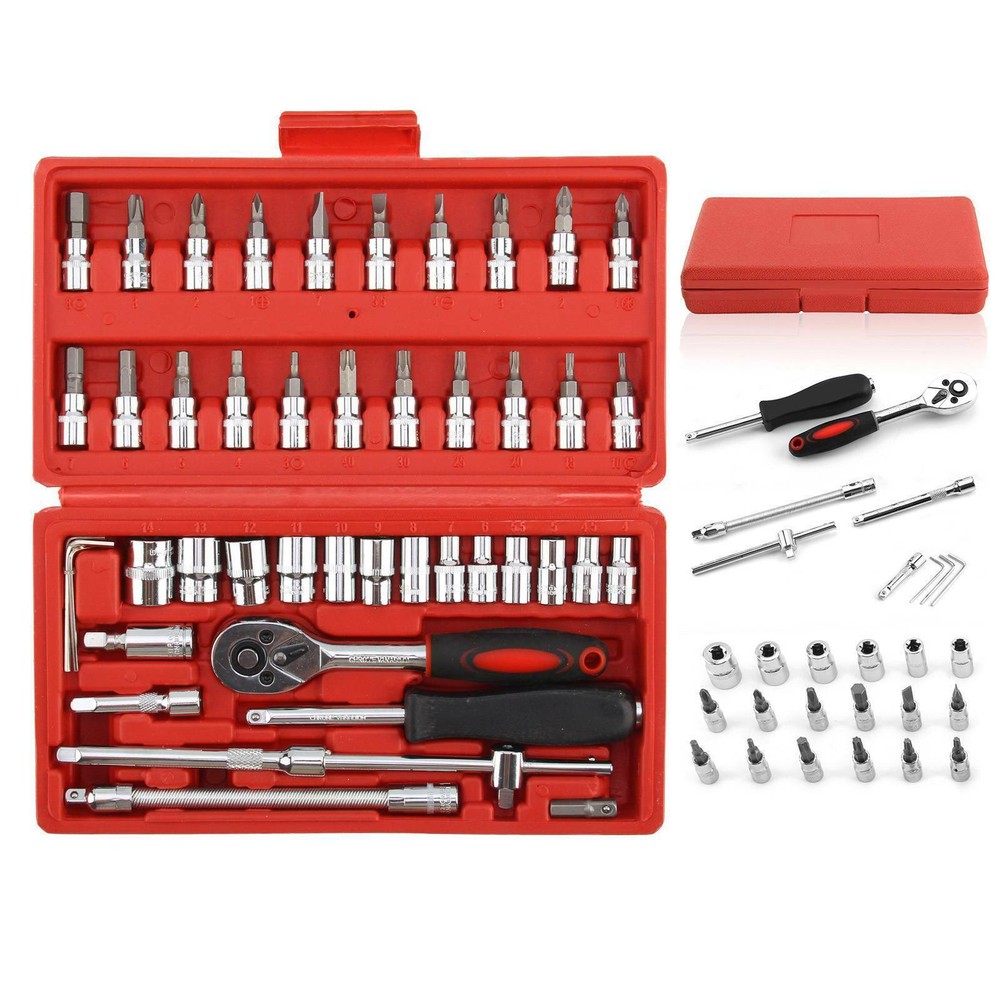 46-Pieces Ratchet Spanner Wrench Socket Set 1/4" Screwdriver Bits Hand Tool Kit