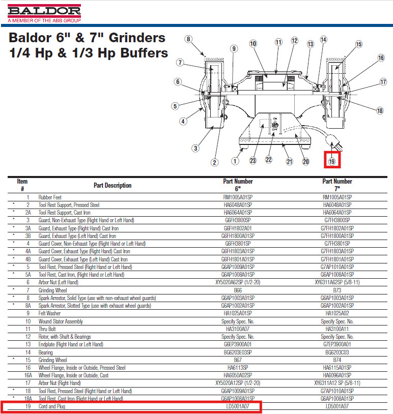 10ft Bench Grinder Power Cord 6” & 7” |18/3 SJT | Baldor LD5001A07 | USA