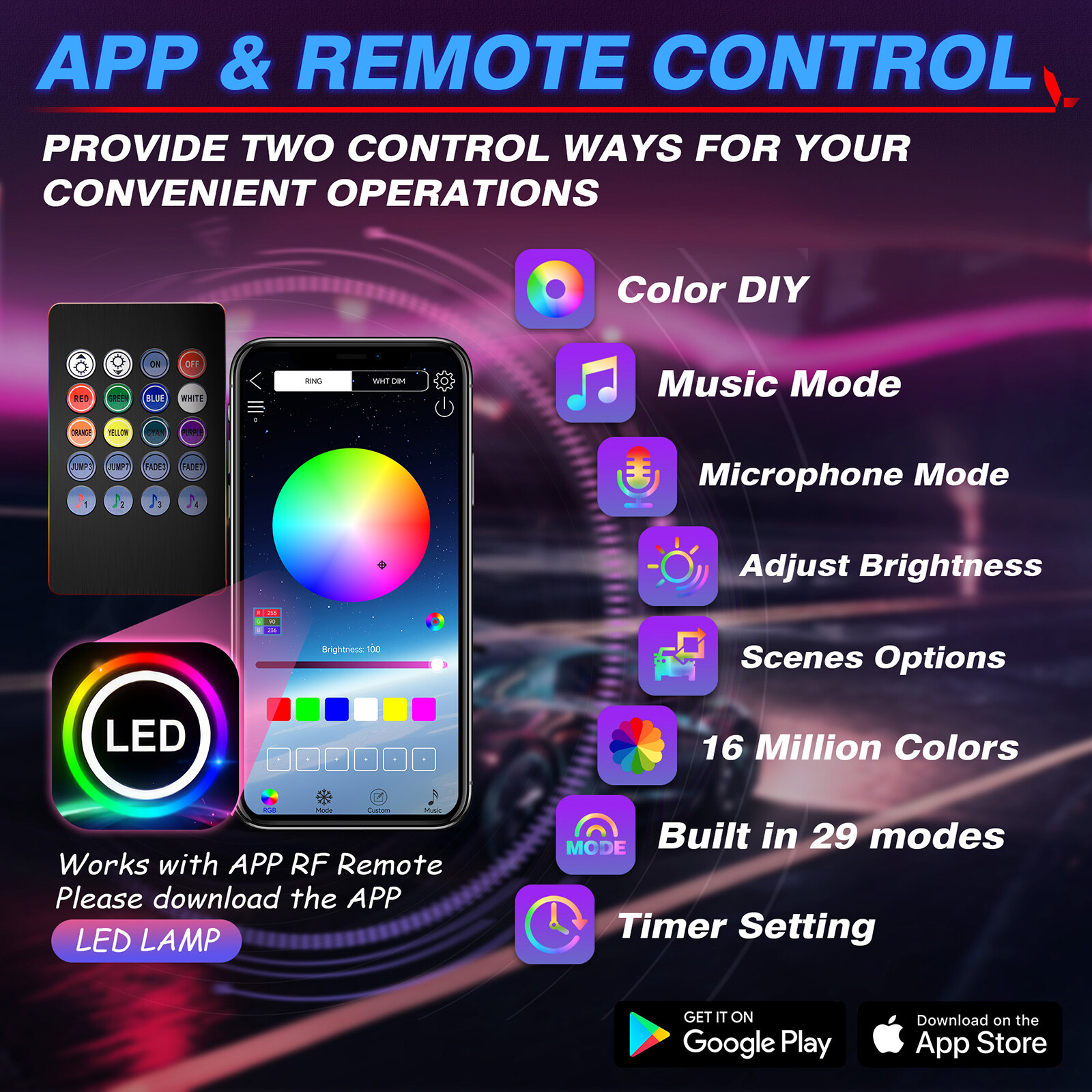 10m RGB 8 in 1 Interior Car LED Strip Lights Car Ambient Decor Neon Lights Kit